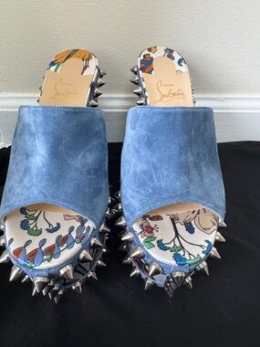 Christian Louboutin Powder Blue Suede Spiked Slide Mules